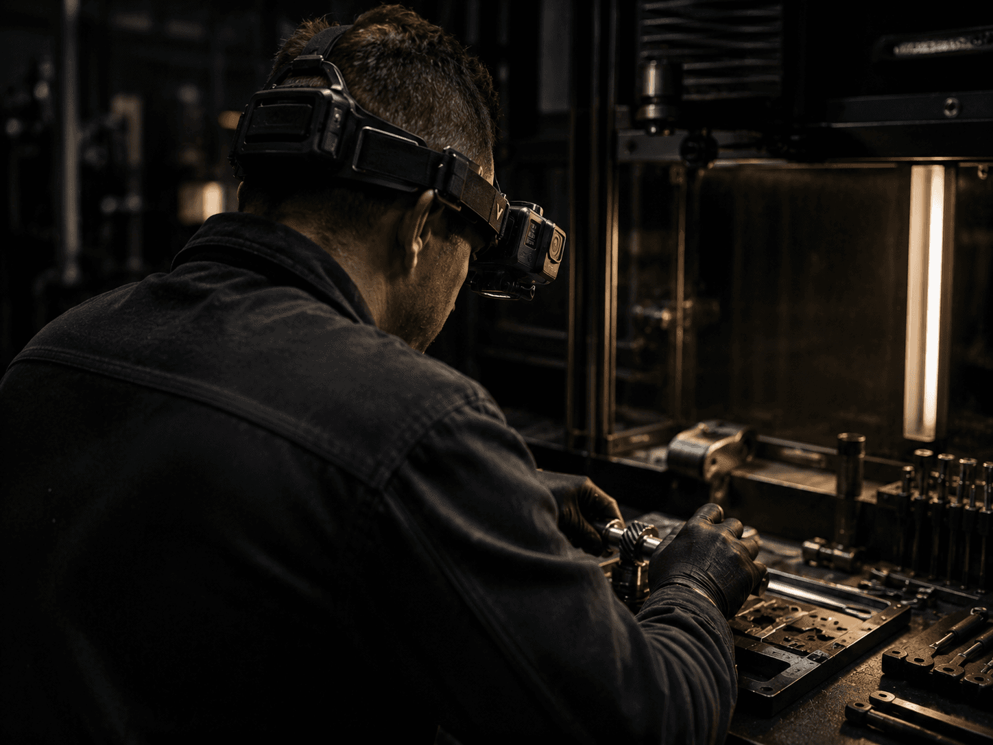A worker wearing the head-mount while doing their normal job